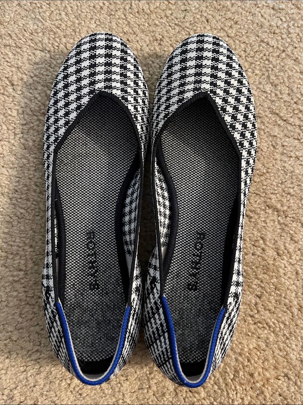 Rothy's rare pattern Black & White Houndstooth Flats with Blue Heel Trim
